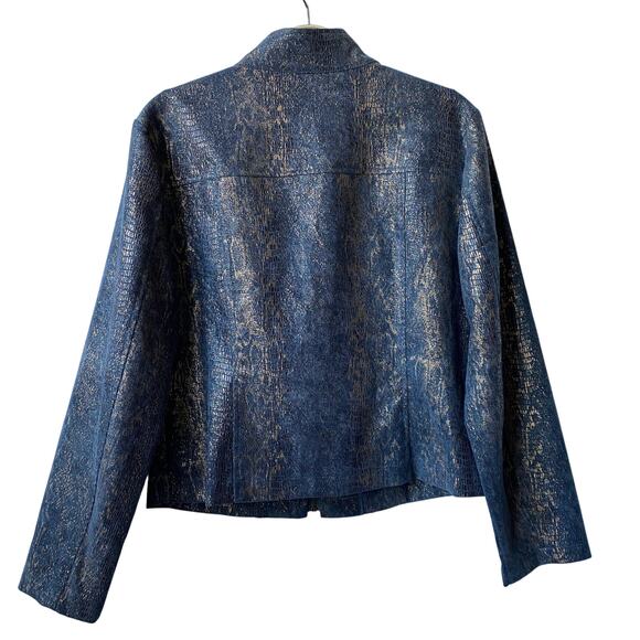 Linear Y2K Snakeskin Crop Jacket Women PM Metallic Blue Gray Edgy Crackled Glam - Picture 3 of 10